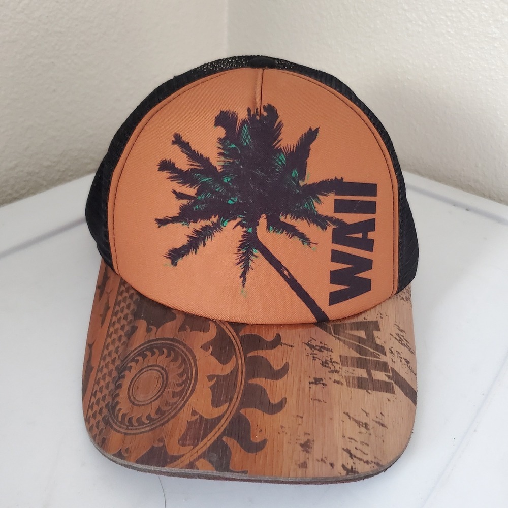 Kona Caps Hawaii Trucker Hat Orange Palm Tree Wood Grain Brim Snapback Mesh Cap